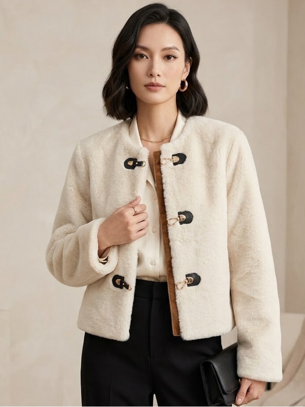 Jason Wu Cream Faux Shearling Jacket with Black Toggle Accents
